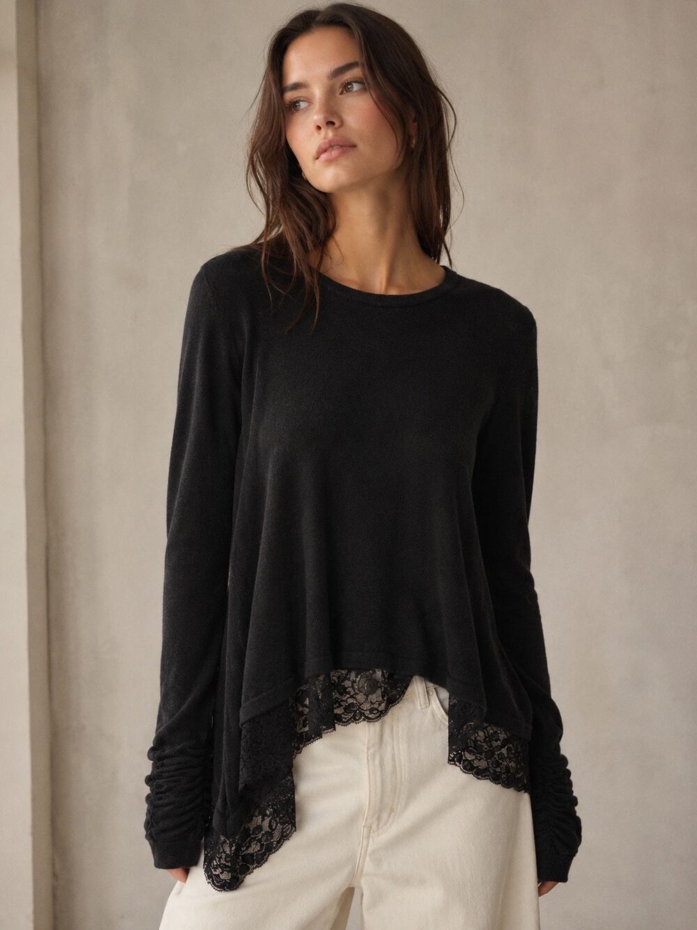 ALFANI Women Wool Blend Lace Trim Asymmetrical Hem Gathered Sleeve Swing Sweater